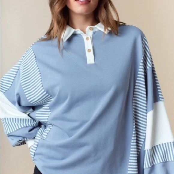 Fantastic Fawn NIP Blue Color Block Top with Stripe Point Collar - Picture 2 of 5